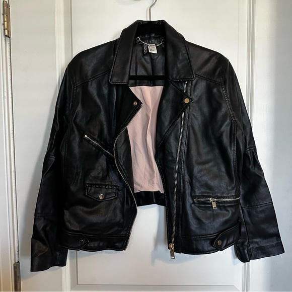 H&M Black Leather Motorcycle Jacket with Asymmetrical Zipper - Picture 2 of 4